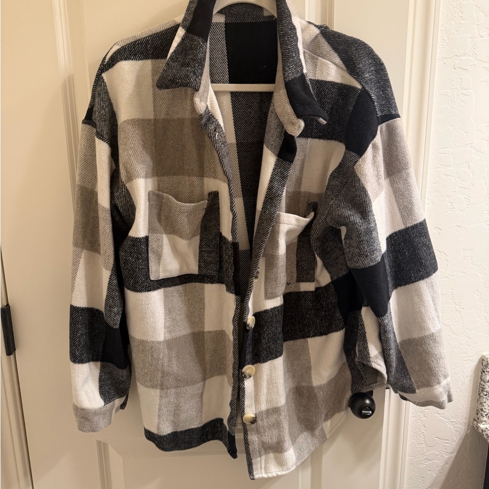Oversized Plaid Shacket in Black, Gray & Cream